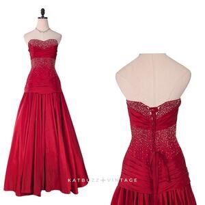 Vintage Prom Dress Maxi Ball Gown 8 Red Y2K Glam Princess Corset Strapless Bead